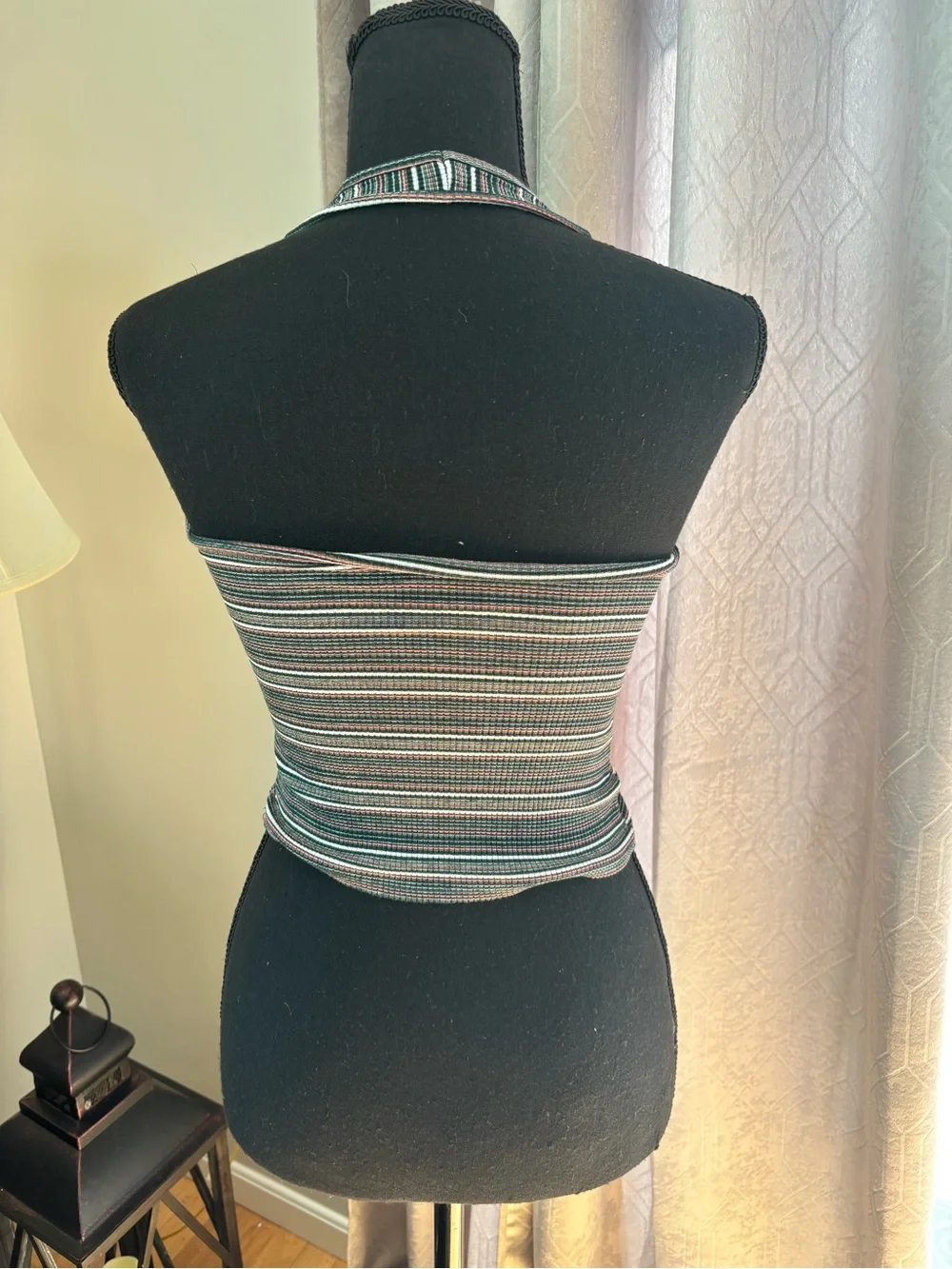 Striped Ribbed Racerback Crop Top in Black and Teal
